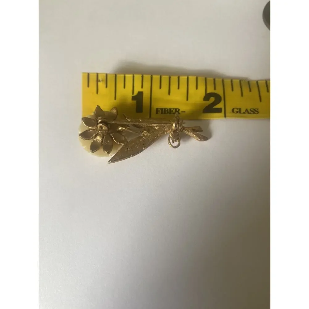Vintage White Rose Pin Gold Tone Rhinestone Accent Nature Garden Trees Flowers
